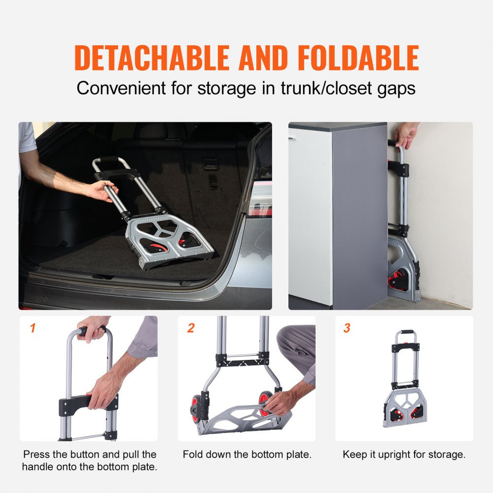 Folding Hand Truck and Dolly, 176 lbs Capacity, Aluminum Foldable Cart, Heavy-Duty Luggage Trolley Cart with Telescoping Handle and PP+TPR Wheels for Home, Office, Shopping, Travel