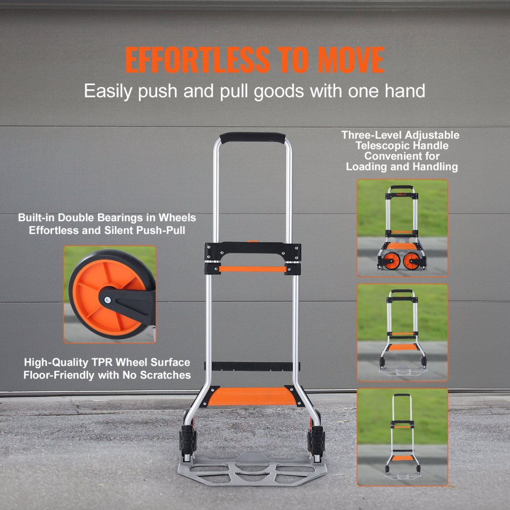 Folding Hand Truck, 275 lbs Load Capacity, Aluminum Portable Cart, Convertible Hand Truck and Dolly with Telescoping Handle and PP+TPR Wheels, Ultra Lightweight Super Strong for Moving Warehouse