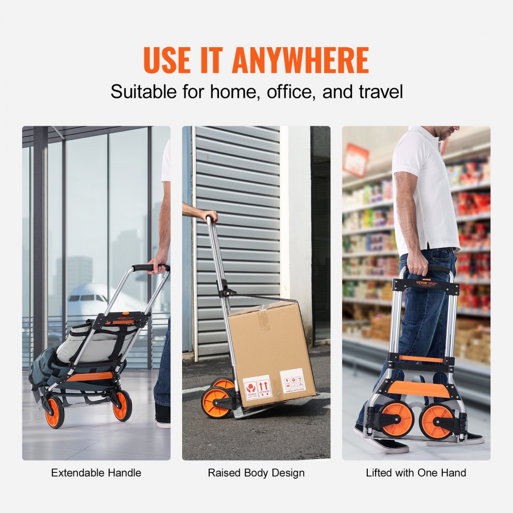 Folding Hand Truck, 275 lbs Load Capacity, Aluminum Portable Cart, Convertible Hand Truck and Dolly with Telescoping Handle and PP+TPR Wheels, Ultra Lightweight Super Strong for Moving Warehouse