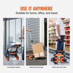 Folding Hand Truck, 275 lbs Load Capacity, Aluminum Portable Cart, Convertible Hand Truck and Dolly with Telescoping Handle and PP+TPR Wheels, Ultra Lightweight Super Strong for Moving Warehouse
