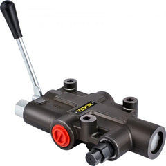 Black iron hydraulic directional control valve with manual lever and red adjustment knob.