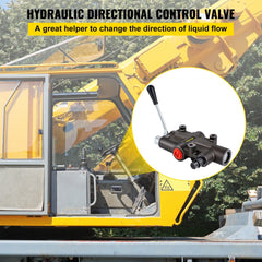 A black 1-spool hydraulic directional control valve with manual lever on a yellow excavator.