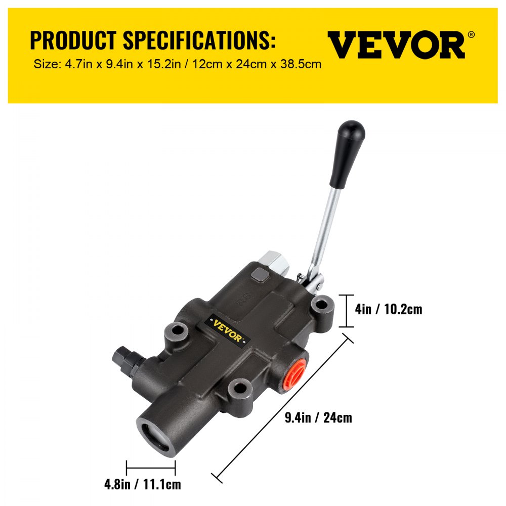Black iron hydraulic directional control valve with manual lever and size markings.