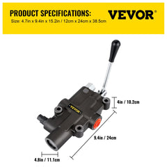 Black iron hydraulic directional control valve with manual lever and size markings.