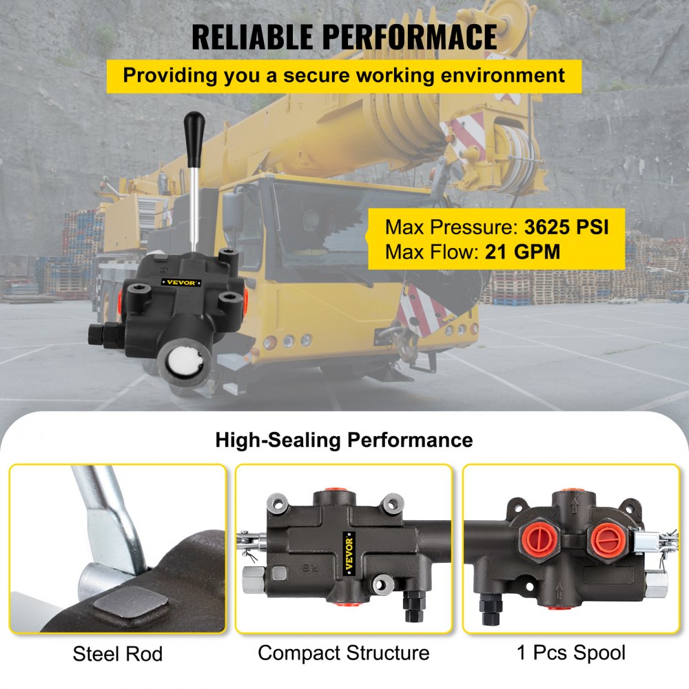 Black 1-spool hydraulic directional control valve with 21 GPM and 3625 PSI ratings, shown in use with a yellow crane.