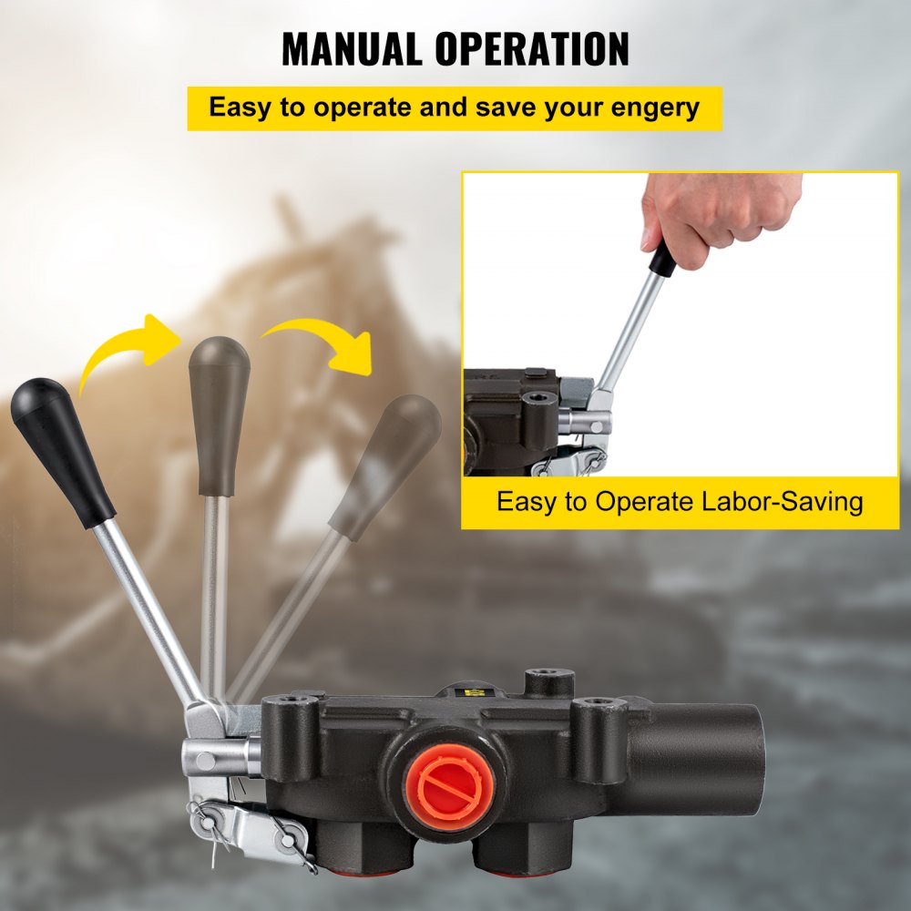 Hydraulic directional control valve with black handle and red adjustment knob on black metal body.