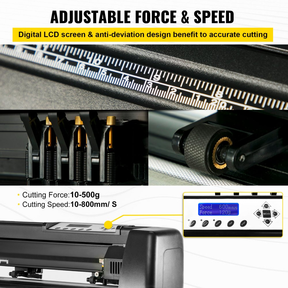 Bostome 53-inch vinyl cutter plotter machine with LCD display, adjustable force and speed controls, and stand.