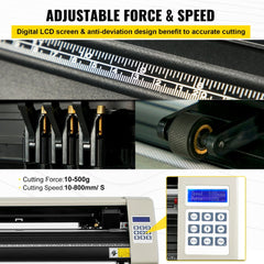28-inch vinyl cutter plotter with adjustable force and speed, LCD screen, and stand.