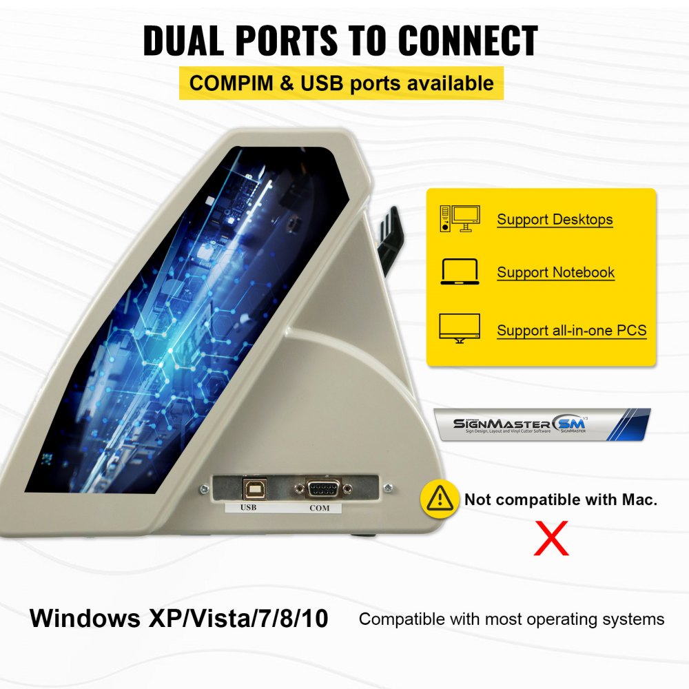 Bostome 28-inch vinyl cutter plotter with adjustable force, speed, LCD display, stand, and USB/COM ports.