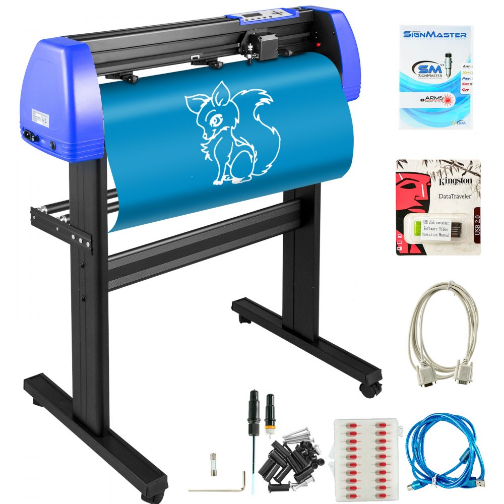 Bostome 34" vinyl cutter plotter machine with stand, 20 blades, and digital LCD display.