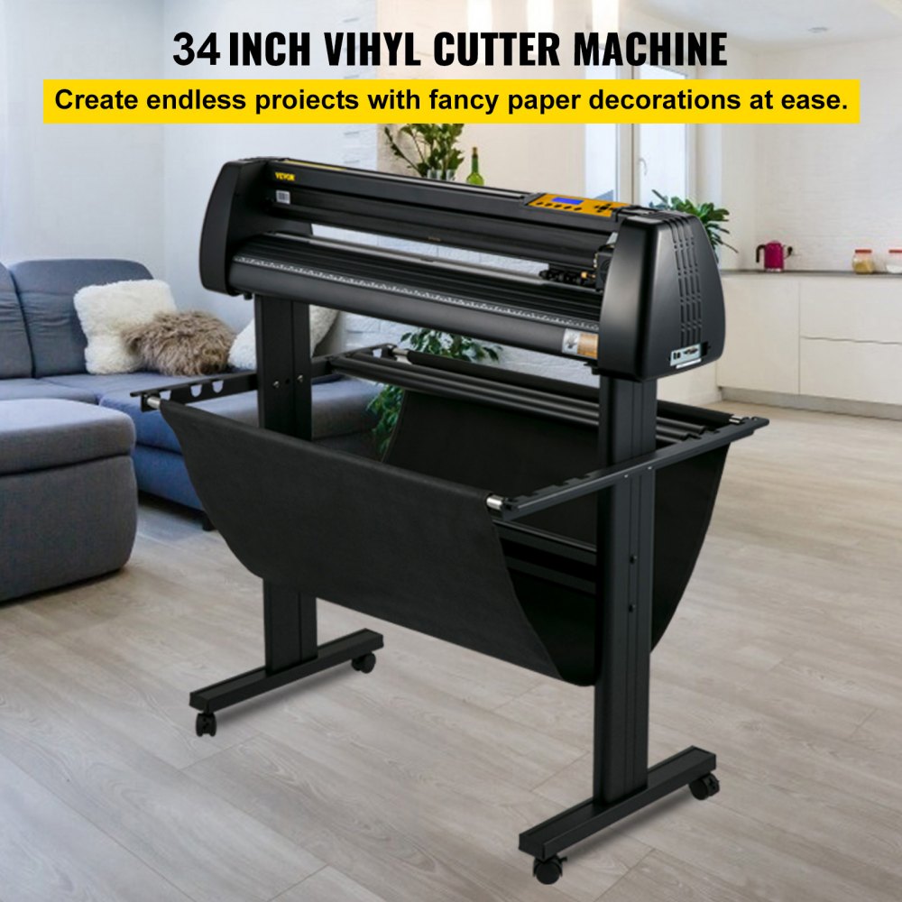 34-inch vinyl cutter plotter with LCD display, black stand, and paper basket.