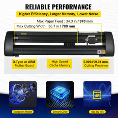 Bostome 34-inch vinyl cutter plotter with LCD display, showing specs like 30.7-inch cutting width and 800 mm/s speed.