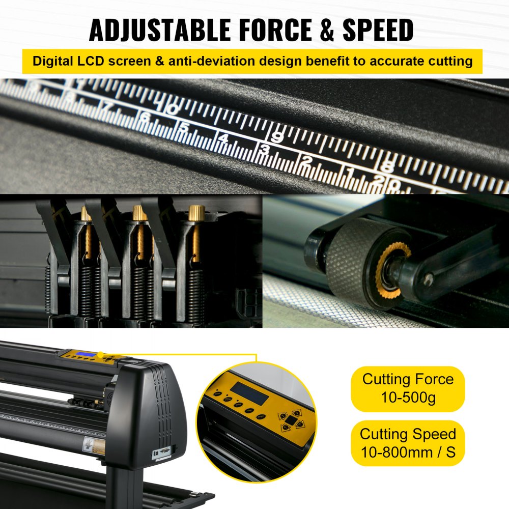 Bostome 34-inch vinyl cutter plotter with LCD display, adjustable force and speed controls, and stand.