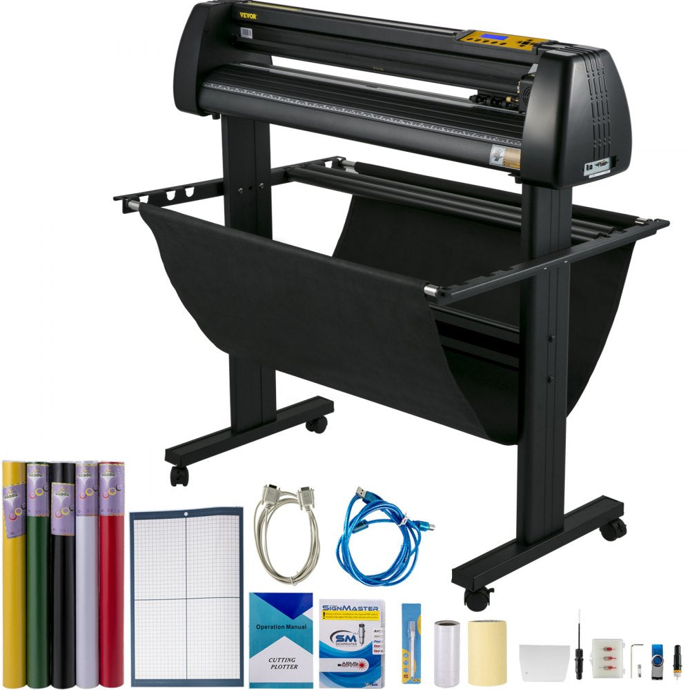 Black 34-inch vinyl cutter plotter on wheeled stand with LCD display, software, cables, and vinyl rolls.