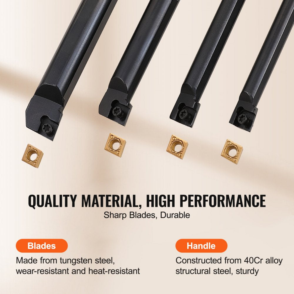 Four 1/4-inch indexable lathe turning tool holders with tin-coated carbide inserts, made from 40Cr steel.