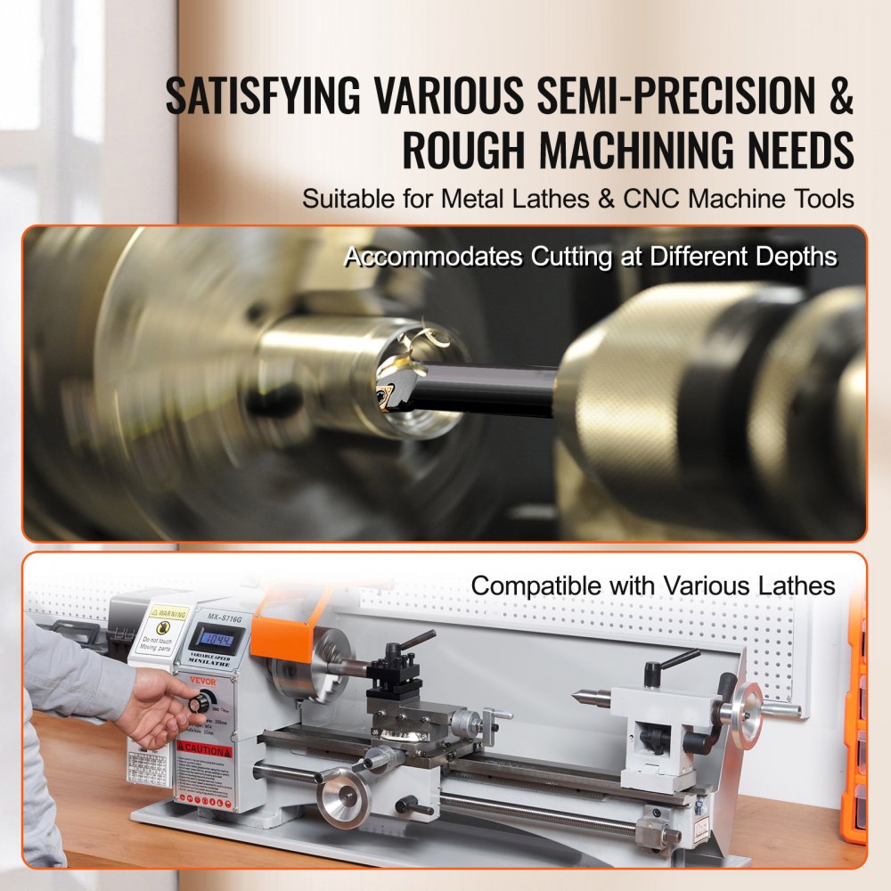 Four indexable lathe turning tool holders with tin coated carbide inserts and wrench in aluminum case
