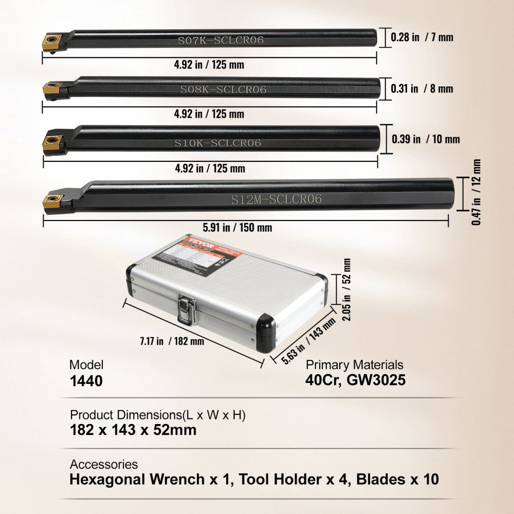 4-piece 1/4 in indexable lathe turning tool holders with tin-coated carbide inserts in aluminum case.