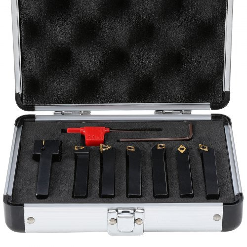 Open aluminum case containing 7 black 3/8-inch indexable lathe turning tool holders, TIN-coated carbide inserts, and a red wrench.