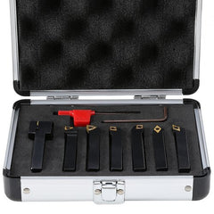 Open aluminum case containing 7 black 3/8-inch indexable lathe turning tool holders, TIN-coated carbide inserts, and a red wrench.