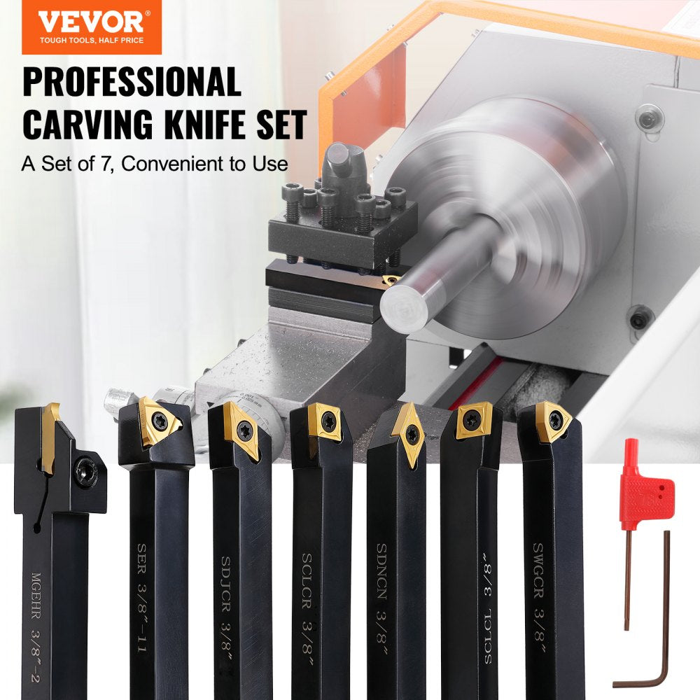 7-piece 3/8 inch indexable lathe turning tool holders with tin-coated carbide inserts.