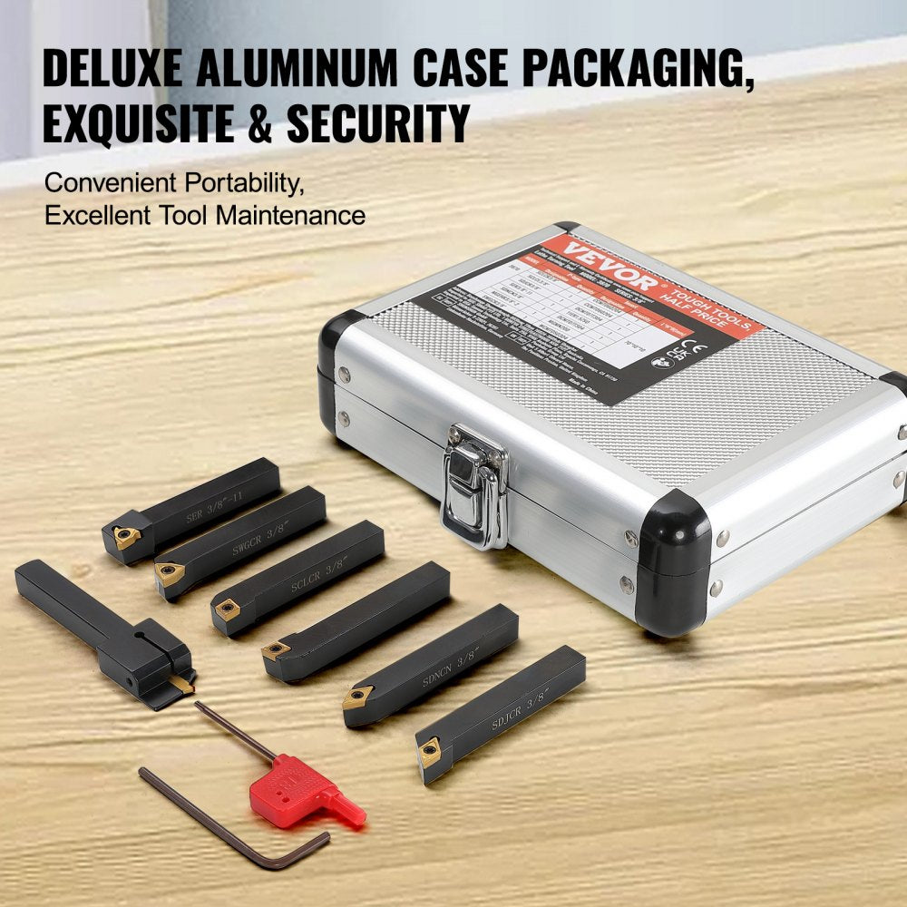 7-piece 3/8-inch indexable lathe turning tool holders with tin-coated carbide inserts in an open aluminum case.