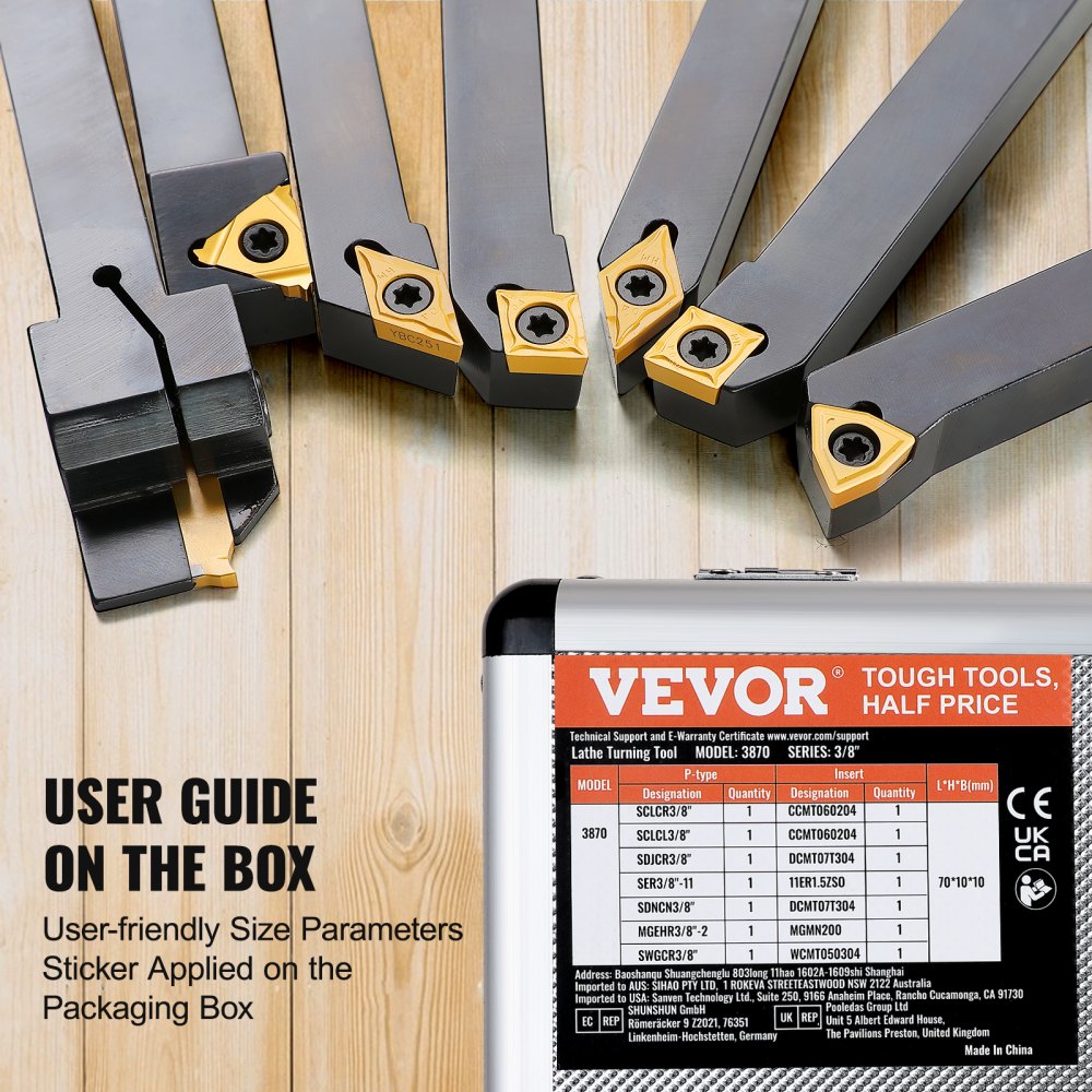 7-piece 3/8 inch indexable lathe turning tool holders with tin-coated carbide inserts in a storage case.