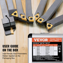 7-piece 3/8 inch indexable lathe turning tool holders with tin-coated carbide inserts in a storage case.