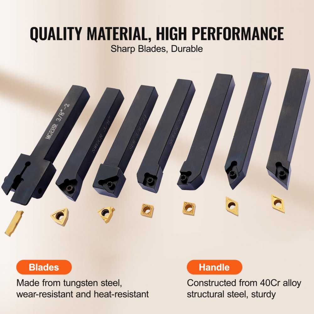 7-piece 3/8-inch indexable lathe turning tool holders with TIN-coated carbide inserts.