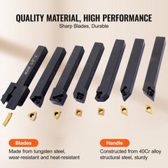 7-piece 3/8-inch indexable lathe turning tool holders with TIN-coated carbide inserts.