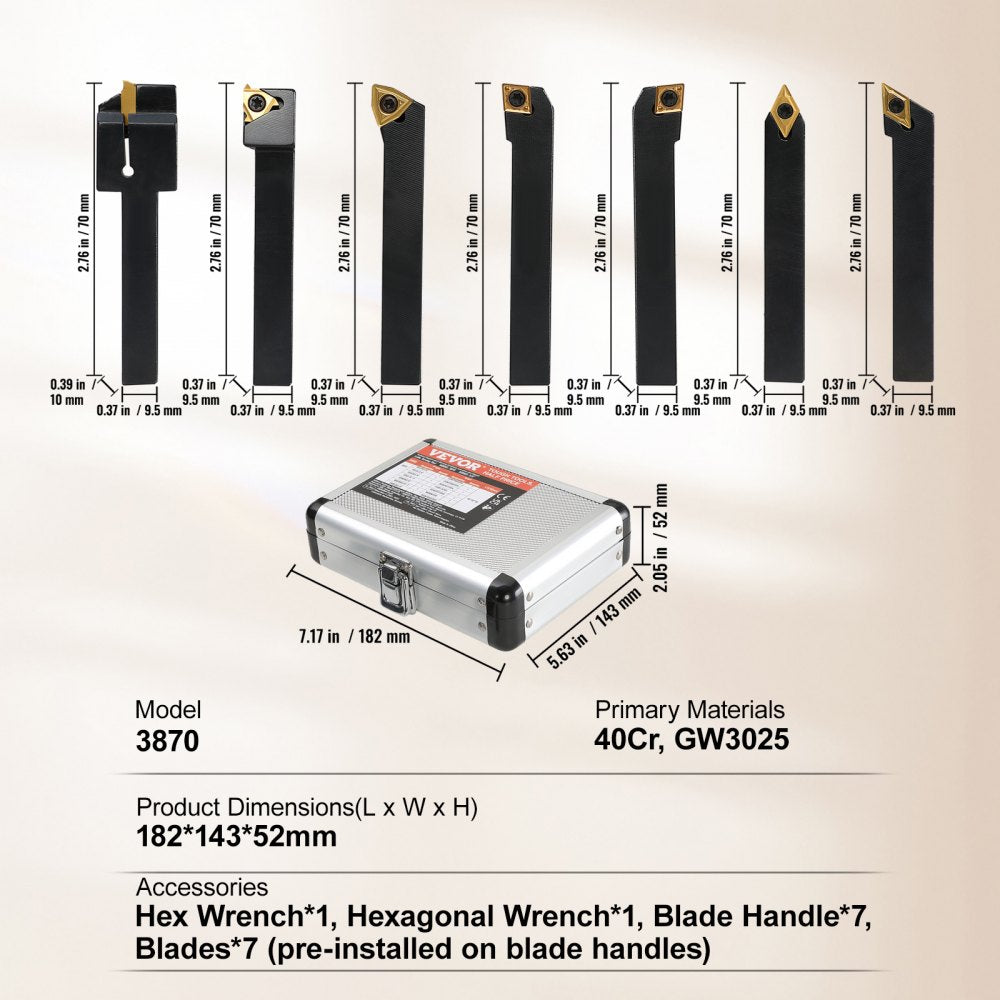 7-piece 3/8 in indexable lathe turning tool holders with TiN-coated carbide inserts in a case.