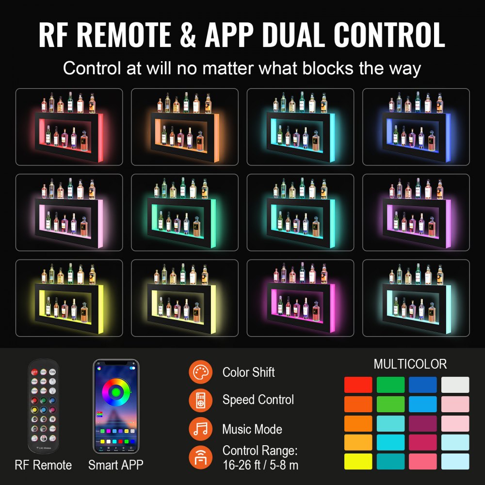 LED Lighted Liquor Bottle Display Bar Shelf RF & App Control 48" Square