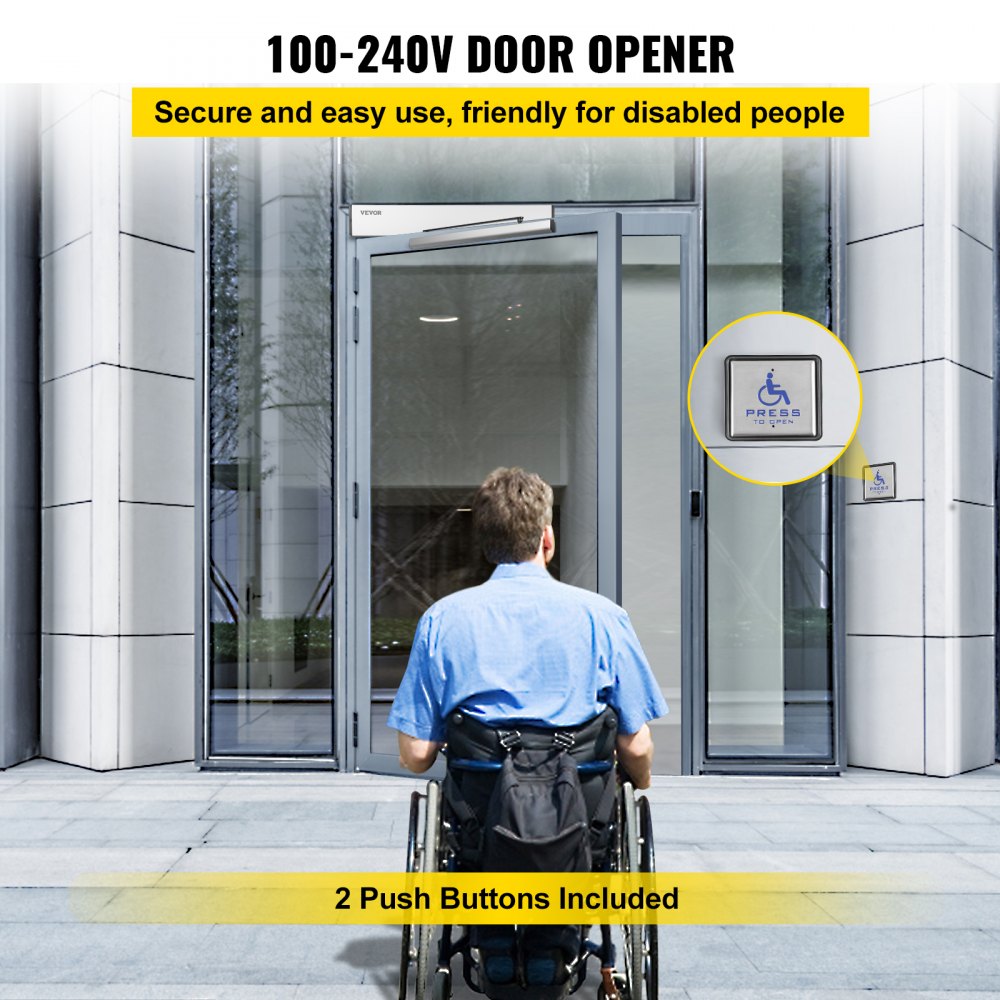 Automatic Door Opener, 100-240V for Max.220lbs Doors, Swing Door Operator for Disabilities w/ 2 Wireless Remotes, 2 Exit Buttons, Keypad, 5 ID Cards, 2 Stainless Steel Push Buttons, CE Listed