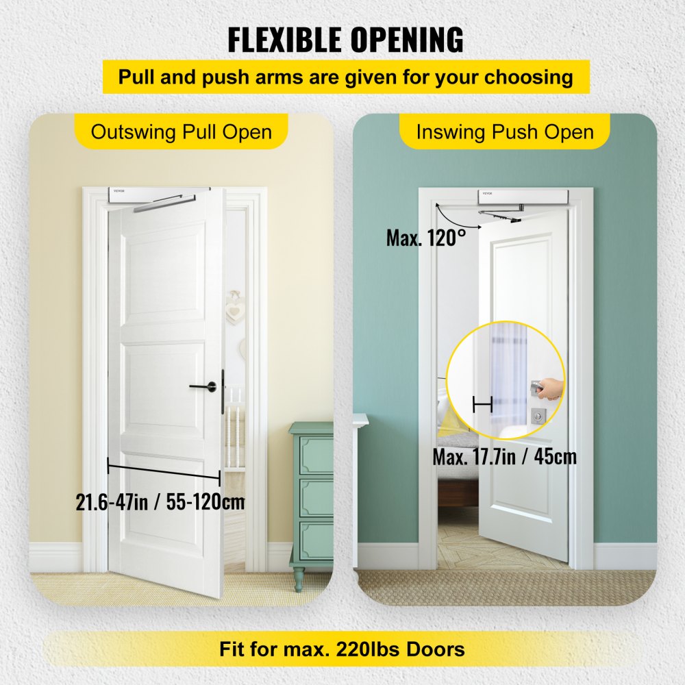 Automatic Door Opener, 100-240V for Max.220lbs Doors, Swing Door Operator for Disabilities w/ 2 Wireless Remotes, 2 Exit Buttons, Keypad, 5 ID Cards, 2 Stainless Steel Push Buttons, CE Listed