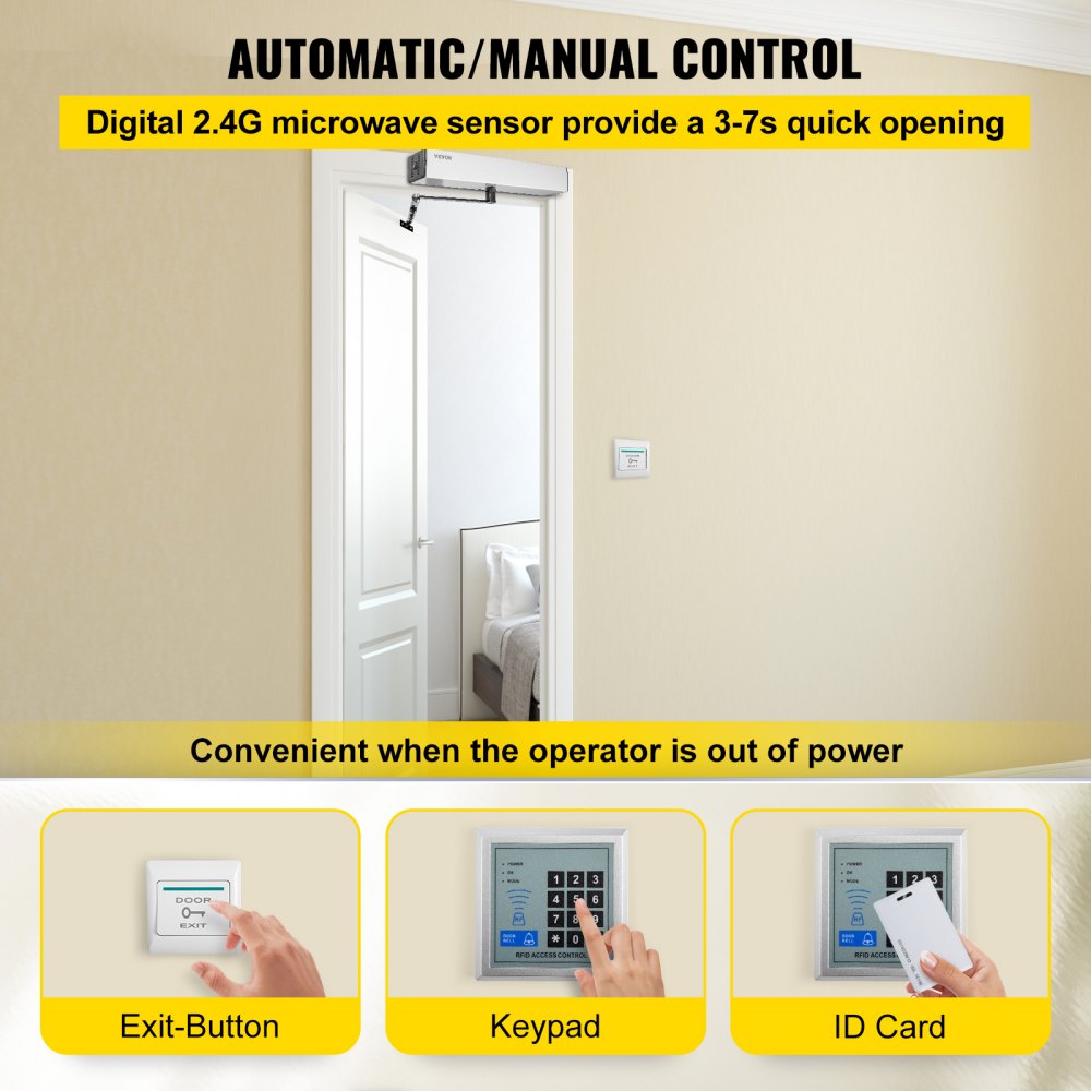 Automatic Door Opener, 100-240V for Max.220lbs Doors, Swing Door Operator for Disabilities w/ 2 Wireless Remotes, 2 Exit Buttons, Keypad, 5 ID Cards, 2 Stainless Steel Push Buttons, CE Listed