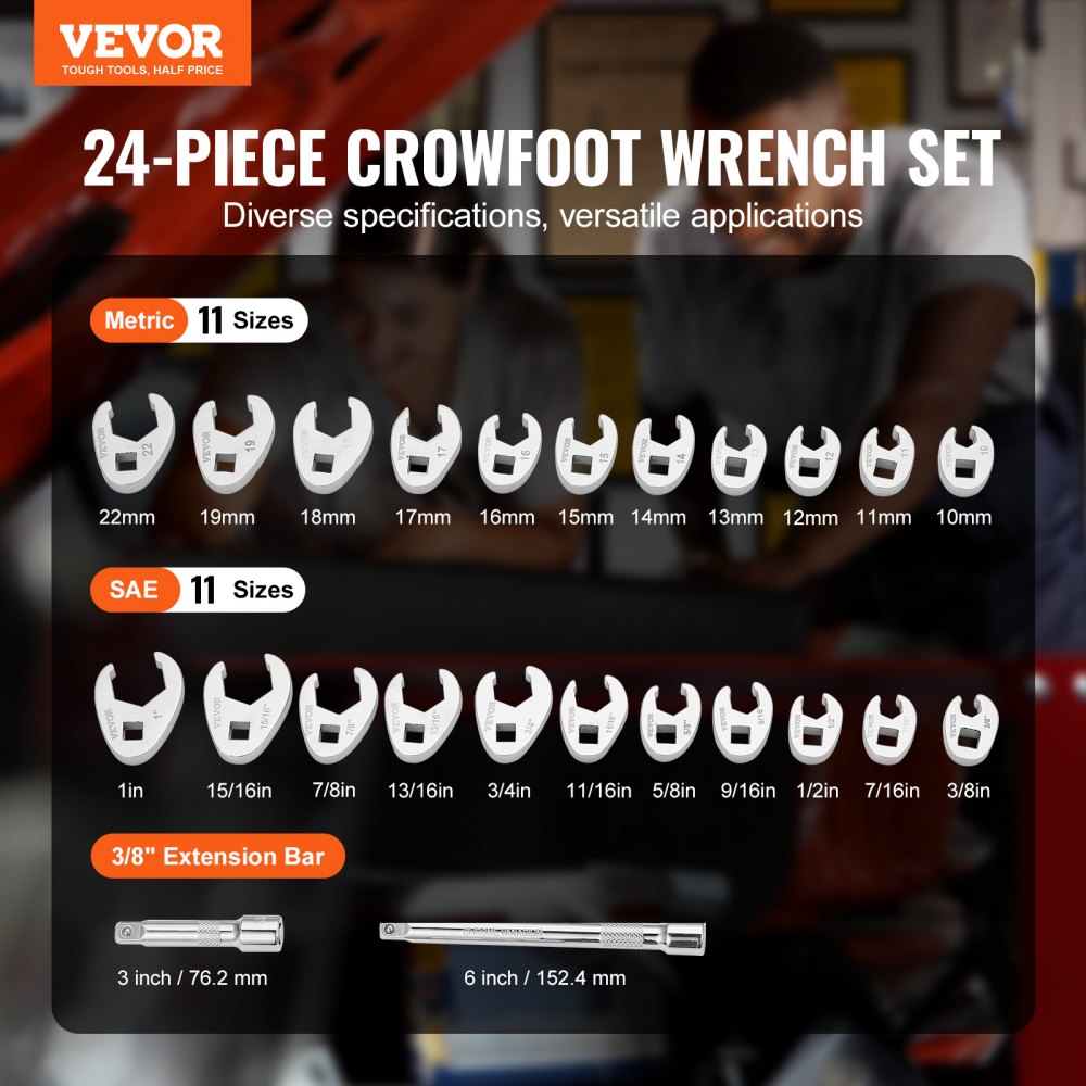 3/8" Drive Crowfoot Wrench Set with 2 Extension Bars, 24-Piece Crows Foot Wrench Set, SAE  3/8"-1" and Metric 10-22 mm, CR-MO Steel Crowfoot Wrench Set, with EVA Tool Organizer