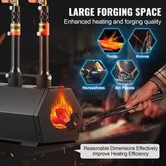 Portable propane forge with 3 burners, black hexagonal chamber, and orange gas valves.