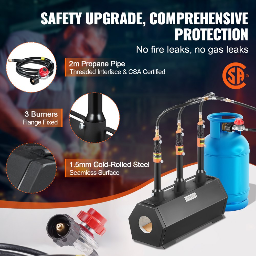 Portable propane forge with 3 burners, black hexagonal chamber, blue propane tank, and safety hoses.