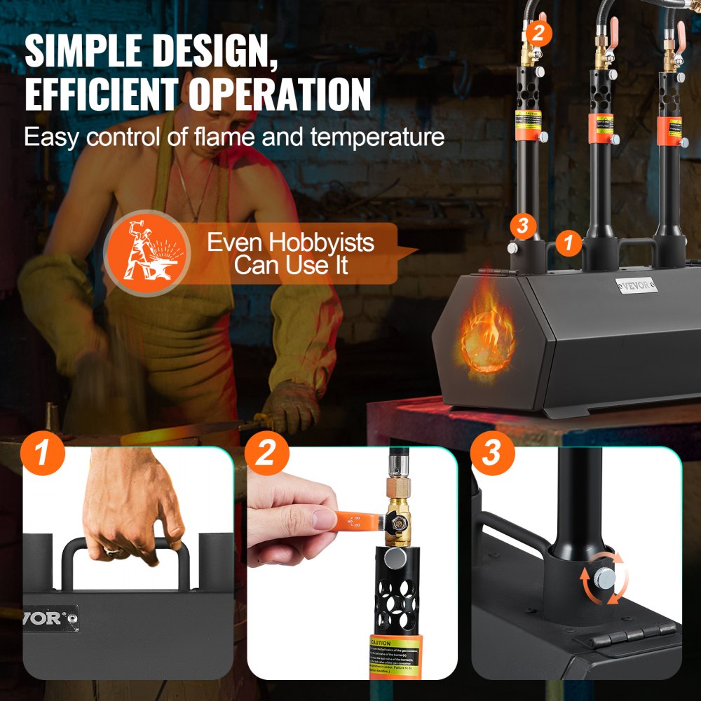 Portable propane forge with 3 burners, hexagonal chamber, and control valves for farrier tools.