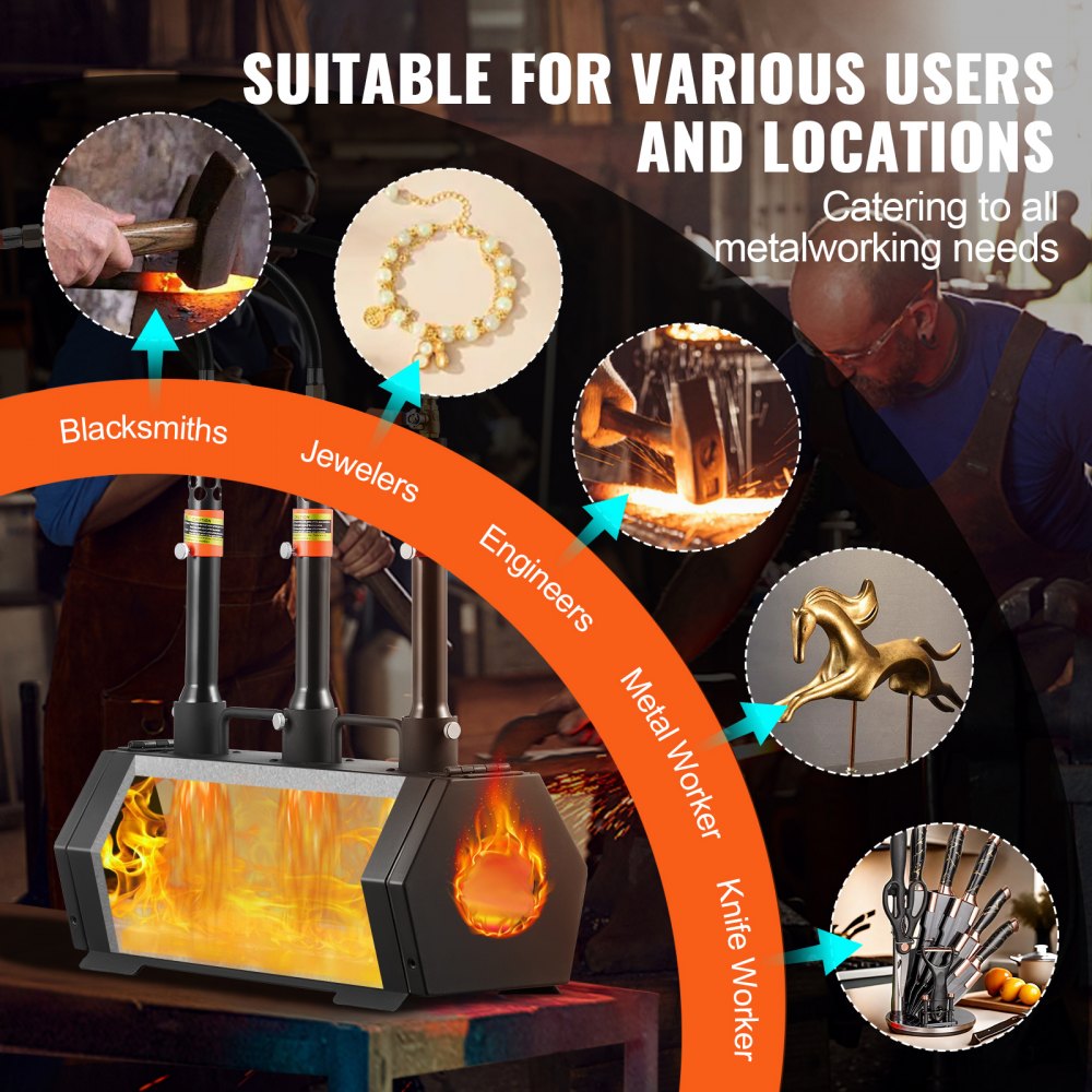 Portable propane forge with 3 burners, hexagonal chamber, and glowing orange interior.