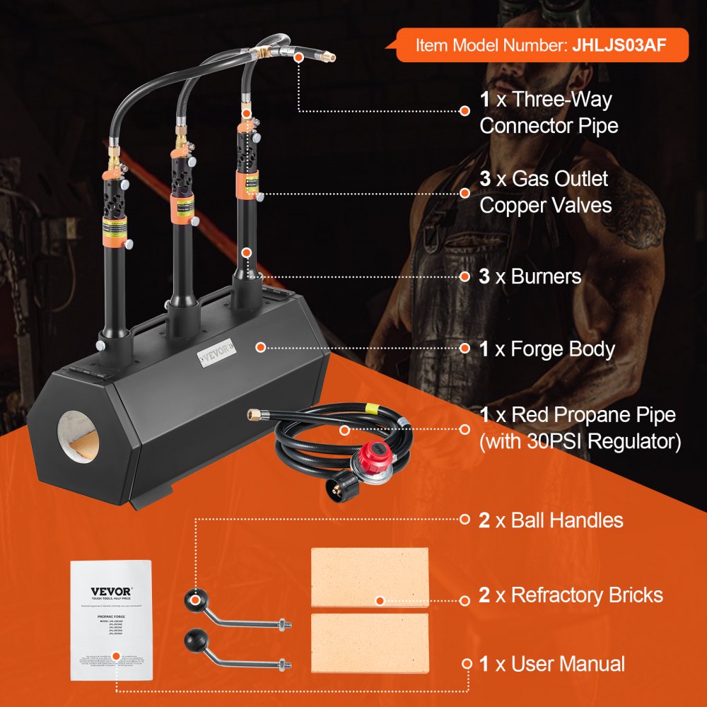 Portable propane forge with 3 burners, hexagonal chamber, valves, hoses, and refractory bricks.