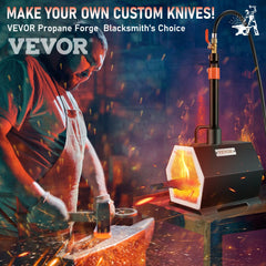 A blacksmith uses a portable propane forge with single burner to heat and hammer metal on an anvil.