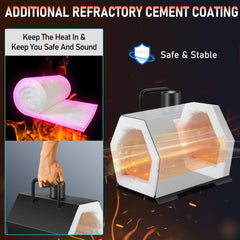 Portable propane forge with single burner, hexagonal chamber, insulation layers, and handle.