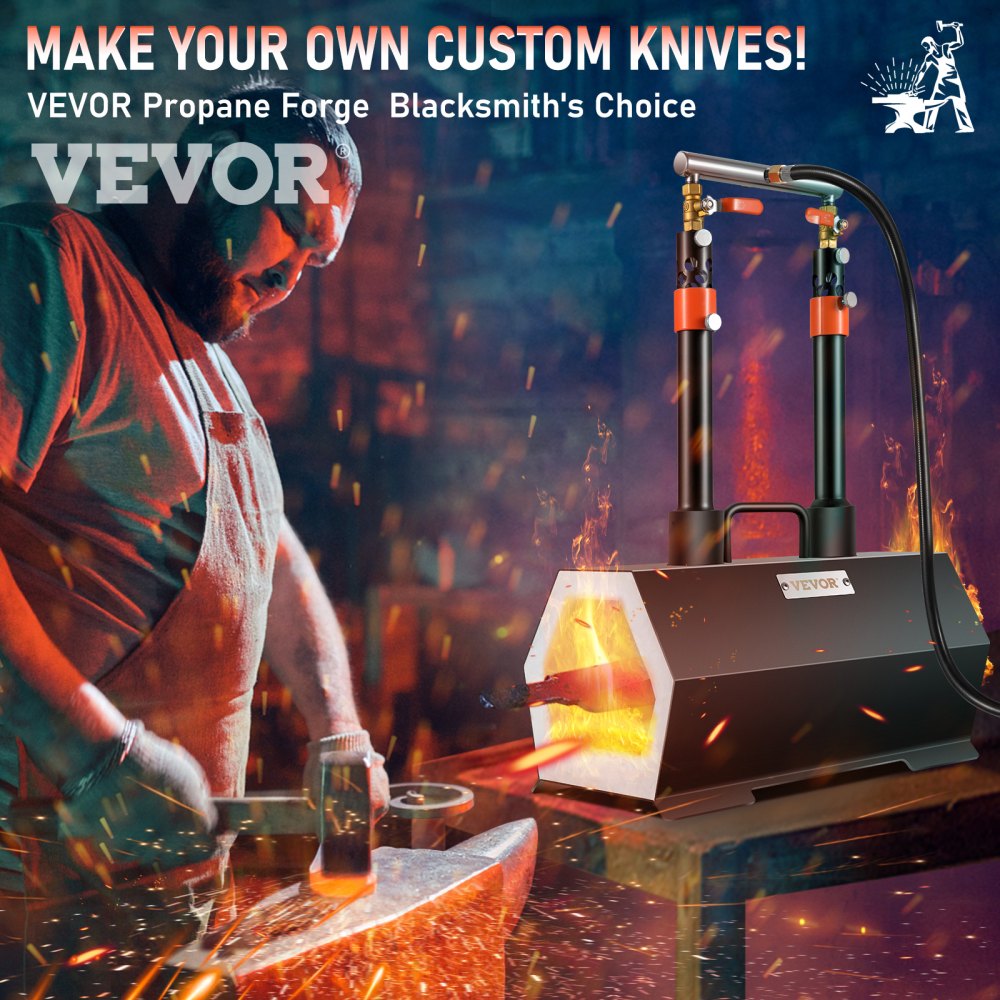 A blacksmith using a portable double-burner propane forge to hammer hot metal on an anvil for knife making.