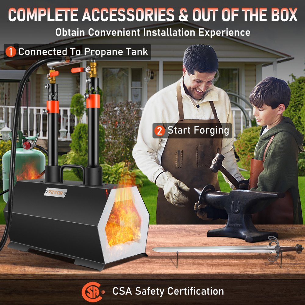 Bostome portable propane forge with double burners, connected to tank, used for forging a knife on anvil.