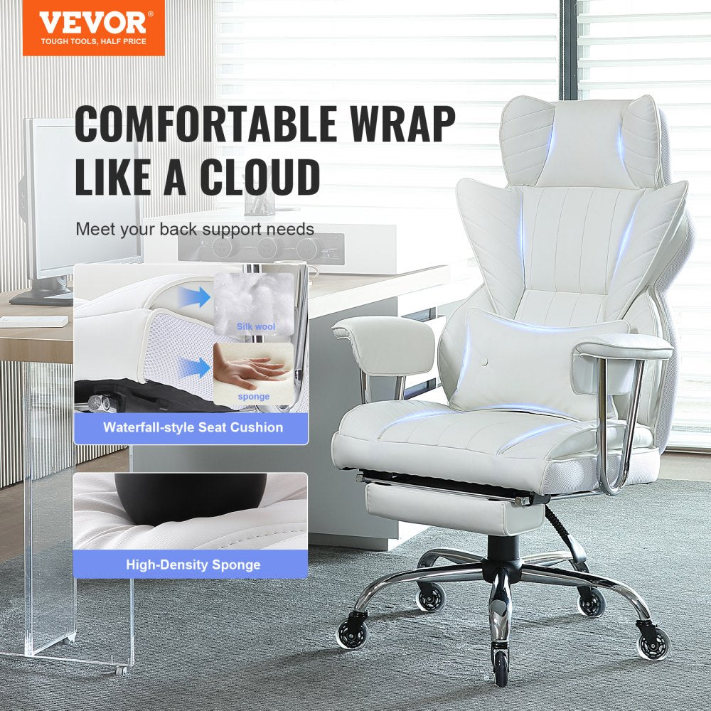 Reclining Office Chair with Footrest, Heavy Duty PU Leather Wide Office Chair, Big and Tall Executive Office Chairs with Lumbar Support, Strong Metal Base Quiet Wheels, White