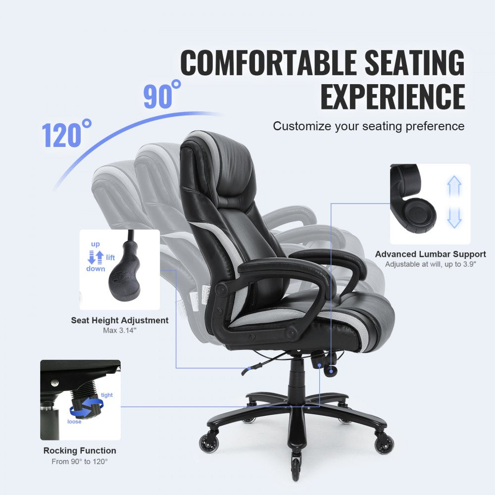 Heavy Duty Executive Office Chair with Cutting-edge Adjustable Lumbar Support for Long Hours, Big and Tall 400lbs Office Chair, Wide Thick Padded Strong Metal Base Quiet Wheels