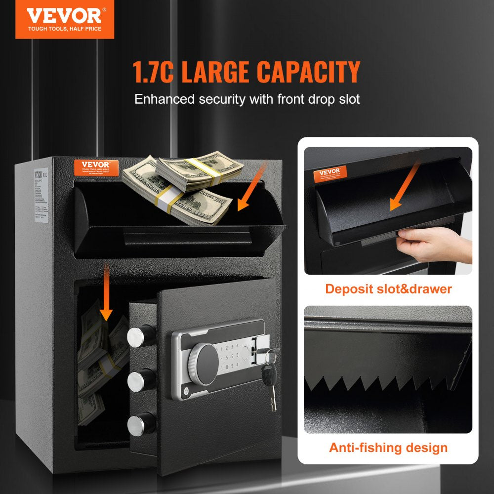 1.7 Cub Depository Safe, Deposit Safe with Drop Slot, Electronic Code Lock and 2 Emergency Keys, 17.71`` x 13.77`` x 13.77`` Business Drop Slot Safe for Cash, Mail in Home, Hotel, Office