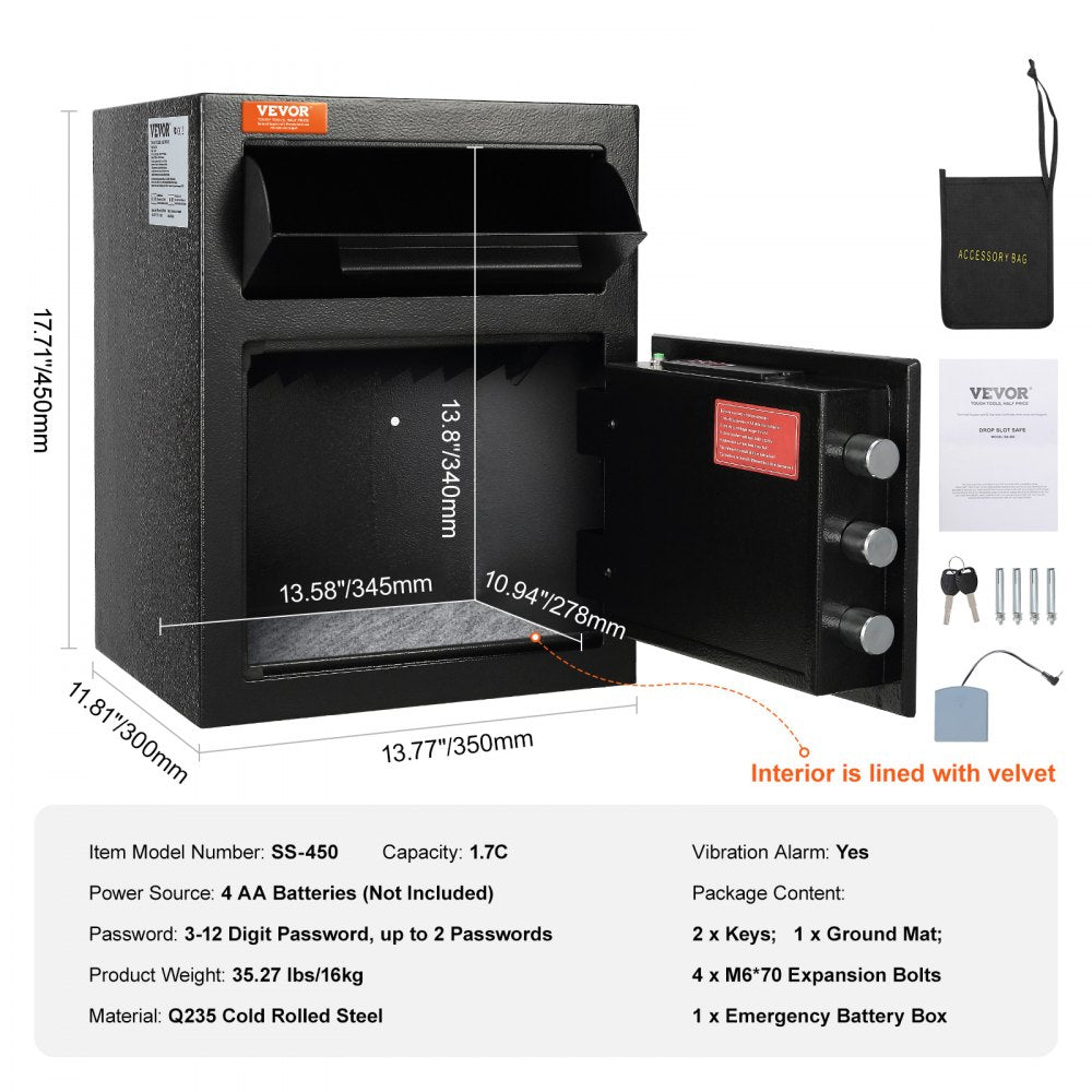 1.7 Cub Depository Safe, Deposit Safe with Drop Slot, Electronic Code Lock and 2 Emergency Keys, 17.71`` x 13.77`` x 13.77`` Business Drop Slot Safe for Cash, Mail in Home, Hotel, Office