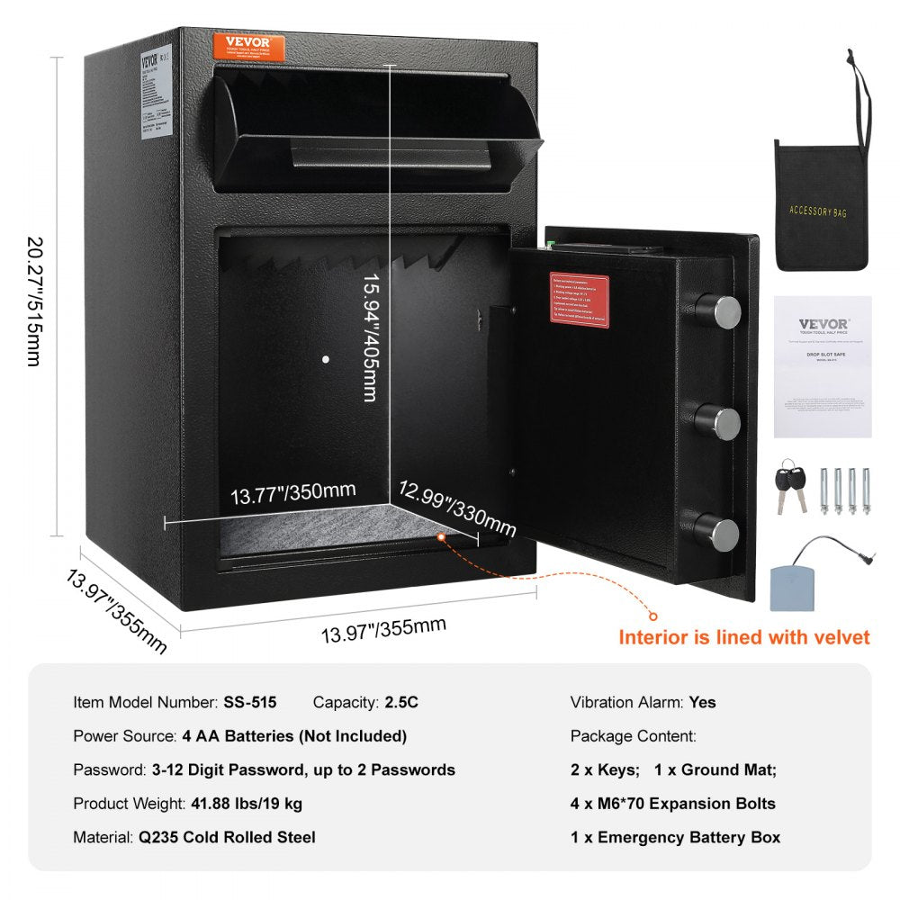 2.5 Cub Depository Safe, Deposit Safe with Drop Slot, Electronic Code Lock and 2 Emergency Keys, 20.27`` x 13.97`` x 13.97`` Business Drop Slot Safe for Cash, Mail in Home, Hotel, Office