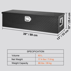 Heavy Duty Aluminum Truck Bed Tool Box, Diamond Plate Tool Box with Side Handle and Lock Keys, Storage Tool Box Chest Box Organizer for Pickup, Truck Bed, RV, Trailer, 39"x13"x10", Black